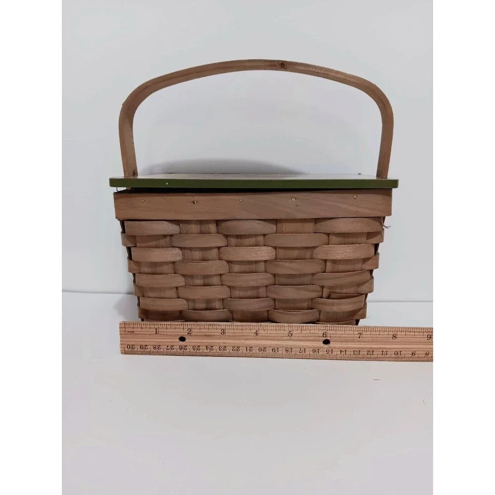 Basket /w Handle Wicker AUTUMN BLESSINGS Brown Green Lid Country Farmhouse Decor